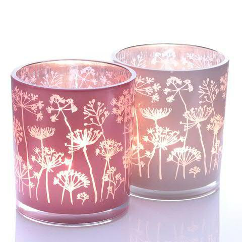 Glas Teelicht SP D8,5H10cm Blumenwiese, rosa sort.