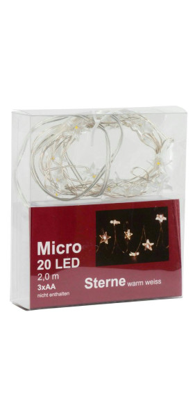 Microlichterkette 20LED Sterne 2m für Batterie, 3xAA, Timer ww