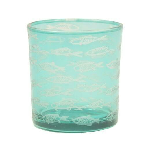 Glas Teelicht SP D10H12,5cm Fische, blau