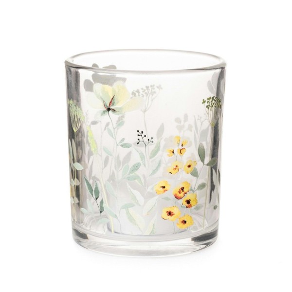 Glas Teelicht D7H8cm Sommerblüten, klar/gelb