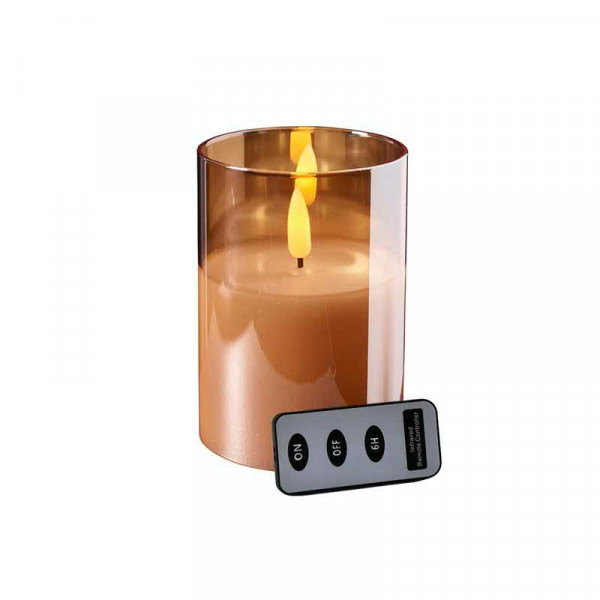 LED Kerze im Glas D10H15cm Timer + Fernbedienung Batterie Aktion, amber