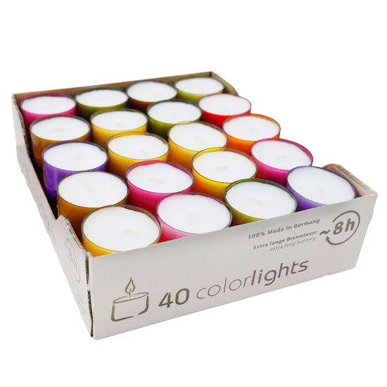 Teelichte kl.40er Colorlights Sort.3 Brenndauer circa 8 Stunden, farbig