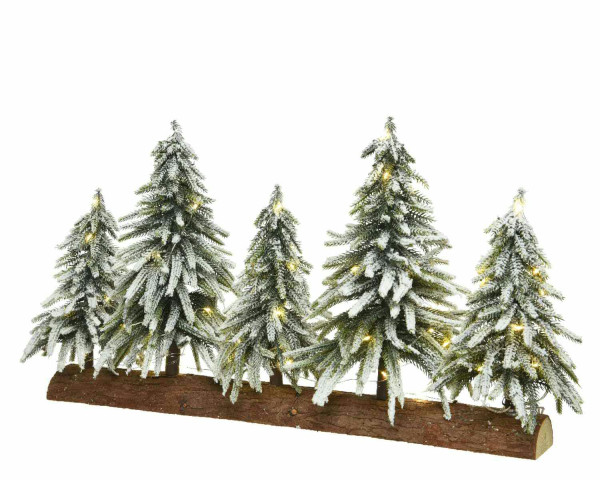 LED Tannenbäume x5 65x35cm mit Schnee auf Holzstamm, grün/weiß