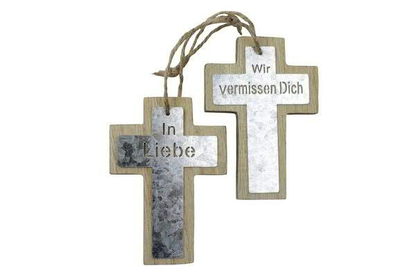 Kreuz Holz/Metall 12St.10x7cm In Liebe, Wir vermissen dich, silber