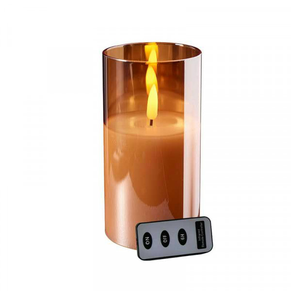 LED Kerze im Glas D10H20cm Timer + Fernbedienung Batterie Aktion, amber