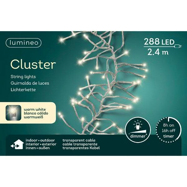 Clusterlights 288LED 2,4m outdoor Kabel transparent mit Timer+Dimmer, warm weiß