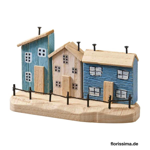 Häuser Holz 25x8x15,5cm auf Stand, bn/bl/cr