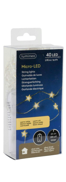 Microlichterkette Sterne 40LED 195cm mit Timer für Batterie 3xAA indoor, warm weiß