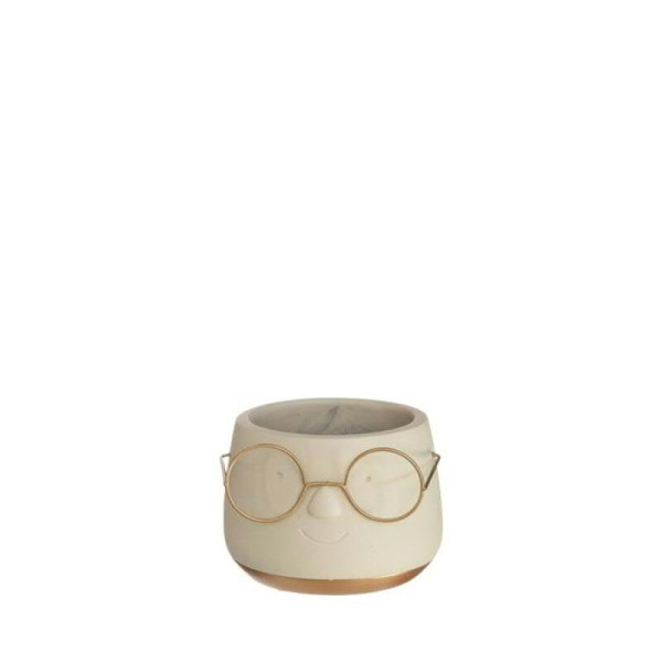Kübel Zement D8,5H6,5cm mit Brille, creme/gold