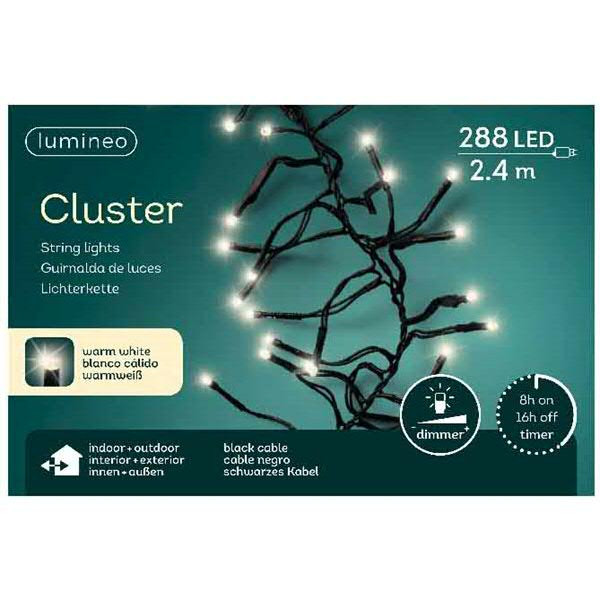 Clusterlights 288LED 2,4m outdoor Kabel schwarz mit Timer+Dimmer, warm weiß