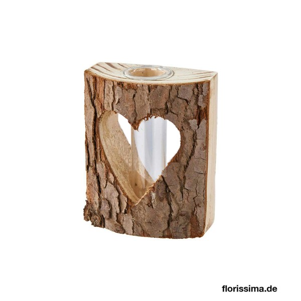 Vase Holz 9,5x5x11,5cm mit Herz mit Reagenzglas, natur
