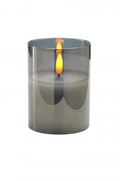 LED Kerze im Glas D7,5H10cm mit Timer für Batterie Aktionspreis, grau