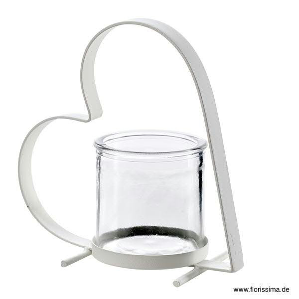 Teelichthalter Metall 17x8cm Herz mit Glas, weiß