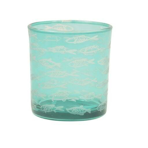 Glas Teelicht SP D7H8cm Fische, blau