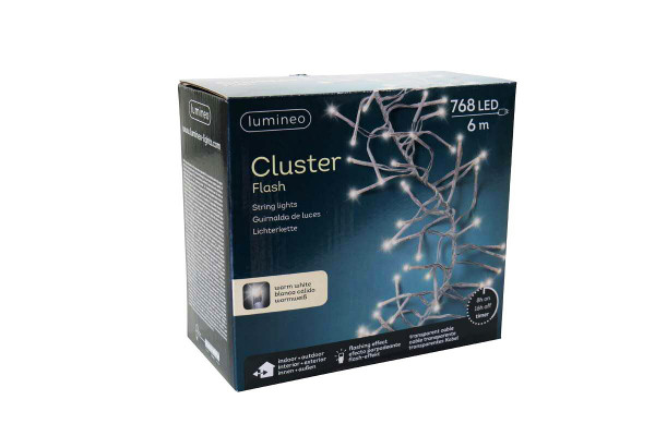 Clusterlights Flash 768LED 6m transp. 8,3% Flash outdoor mit Timer, warm weiß