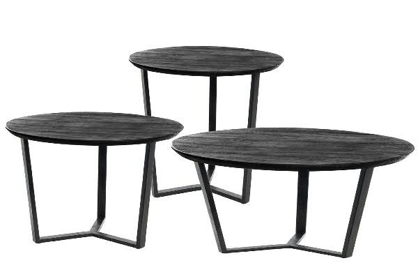 Tisch Holz S/3 mit Metallbeinen rund D55H50/D70H42/D80H37cm, schwarz