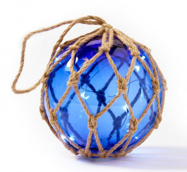 Kugel Glas SP D12,5cm im Netz mit LED, blau
