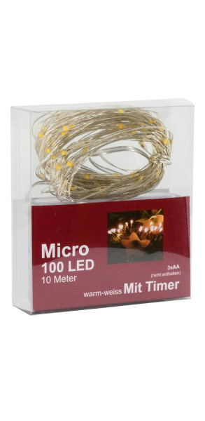 Microlichterkette 100LED 10m 6/18Std.Timer für Batterie, 3xAA, indoor ww