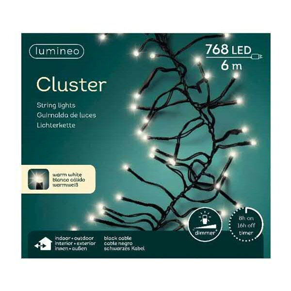 Clusterlights 768LED 6m outdoor Kabel schwarz mit Timer+Dimmer, warm weiß