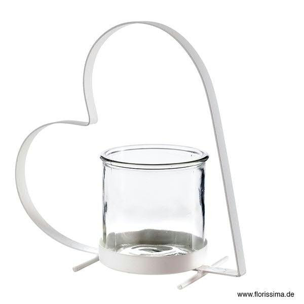Teelichthalter Metall 23x10cm Herz mit Glas, weiß