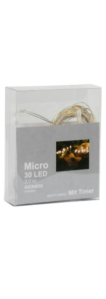 Microlichterkette 30LED 3m Knopfzelle transparent mit Timer, indoor