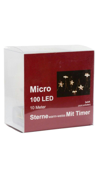 Microlichterkette 100LED Sterne 10m Timer+Batterie 3xAA, indoor ww