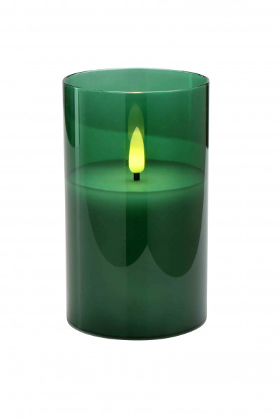 LED Kerze im Glas D7,5H12,5cm mit Timer für Batterie Aktionspreis, grün
