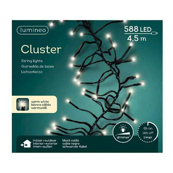 Clusterlights 588LED 4,5m outdoor Kabel schwarz mit Timer+Dimmer, warm weiß