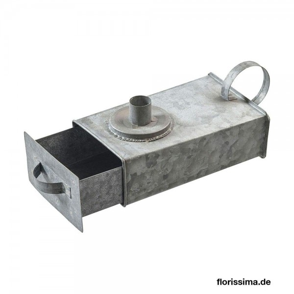 Kerzenhalter Metall 21,5x10,5x8,5cm mit Kasten+Griff, grau