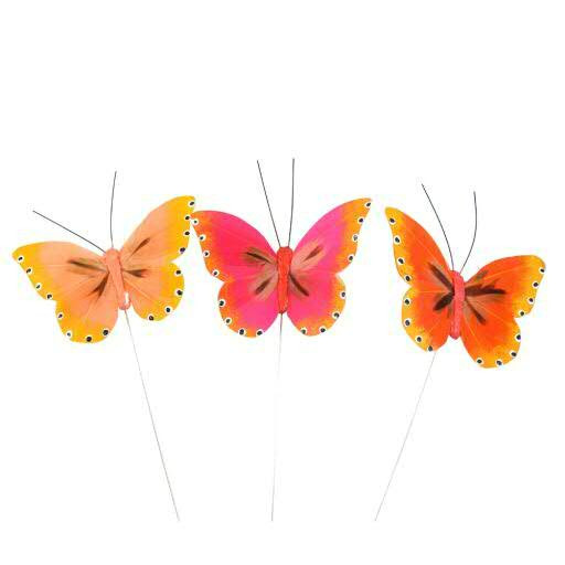 Schmetterling Feder L9/20cm 24St. am Draht, rot/orange
