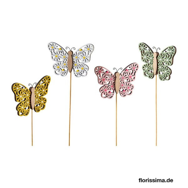 Schmetterling Holz 11/30cm 12St.a.Stab pink/weiß/gelb/grün, pk/w/ge/gn