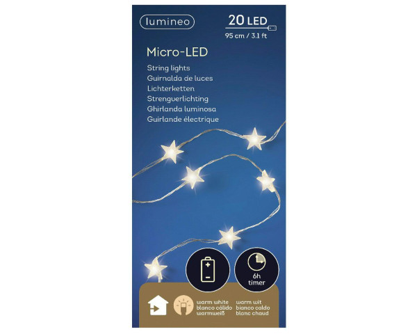 Microlichterkette Sterne 20LED 95cm Aktionspreis Timer für Batterie 3xAA, warm weiß