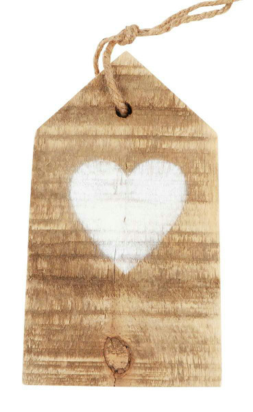 Brett Holz 18x10x1,8cm mit Herz zum Hängen, natur/weiß