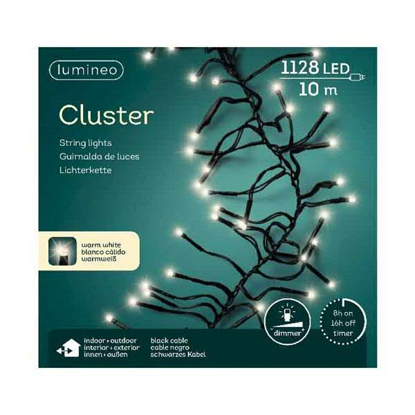 Clusterlights 1128LED 10m outdoor Kabel schwarz mit Timer+Dimmer, warm weiß