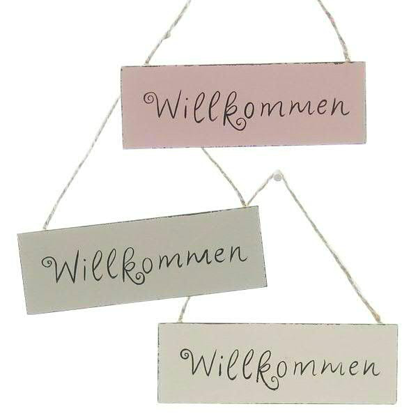 Schild Holz 12x4cm Willkommen, w/gr/pink