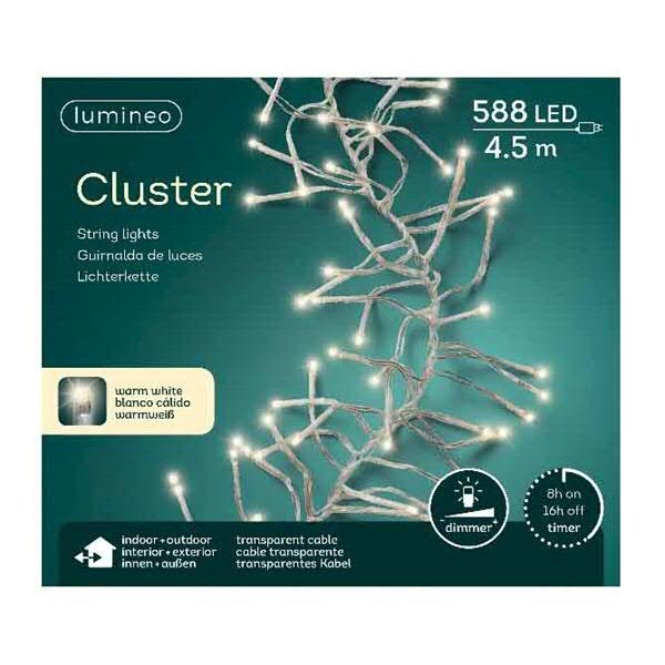 Clusterlights 588LED 4,5m outdoor mit Timer+Dimmer Kabel transparent, warm weiß