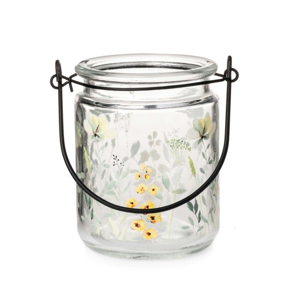Glas Windlicht D7,5H10cm Sommerblüten mit Henkel, klar/gelb