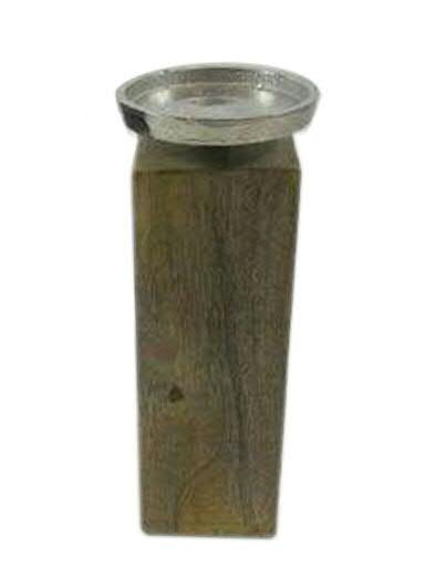 Kerzenhalter H20cm Holz m.Metallteller, silb/natur