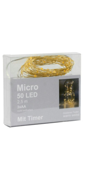 Microlichterkette 50LED 2,5m indoor Timer für Batterie 3xAA, gold