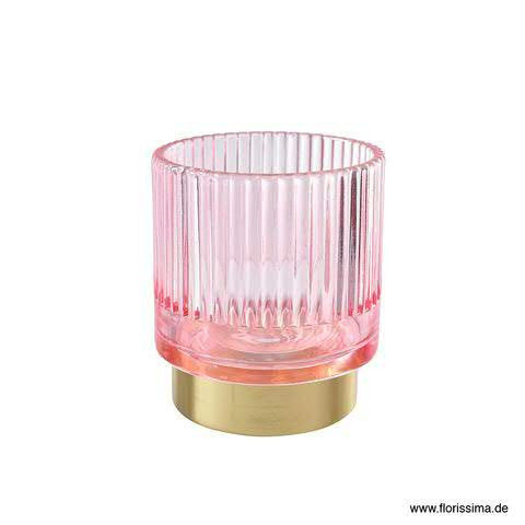 Glas Teelicht SP D8H9cm mit Rillen, pink