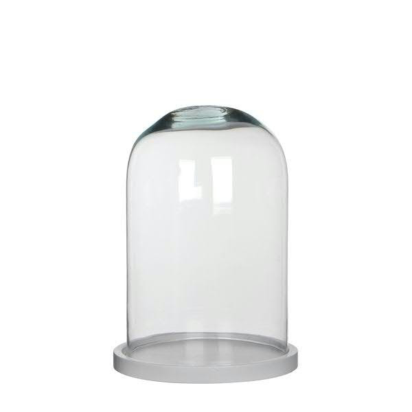 Glas Glocke D21,5H30cm auf Holztablett, klar/weiß