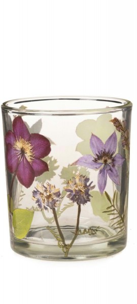 Glas Teelicht D7H8cm Blüten, klar/bunt