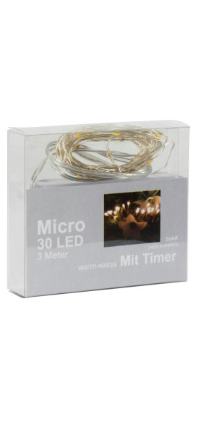 Microlichterkette 30LED 3m Timer für Batterie, 3xAA, indoor ww