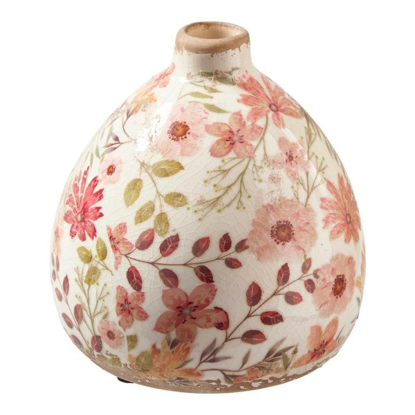 Vase Keramik D13,5H14,5cm mit Blumenmuster, creme/pink