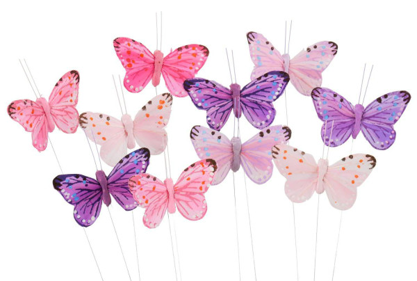 Schmetterling Feder 24St.7/20cm am Draht, lila/rosa