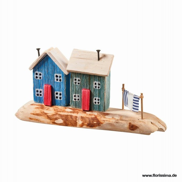 Häuser Holz 30x14,5x6cm auf Stand, natur/blau