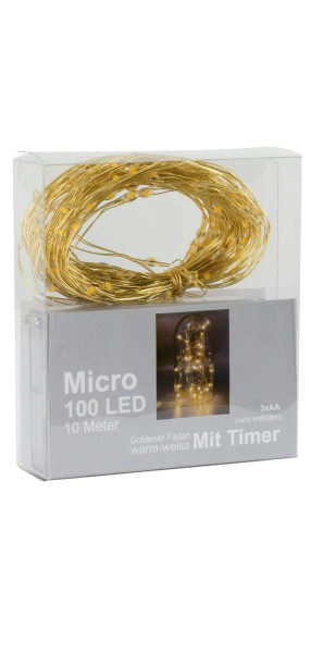Microlichterkette 100LED 10m indoor Timer für Batterie 3xAA, gold