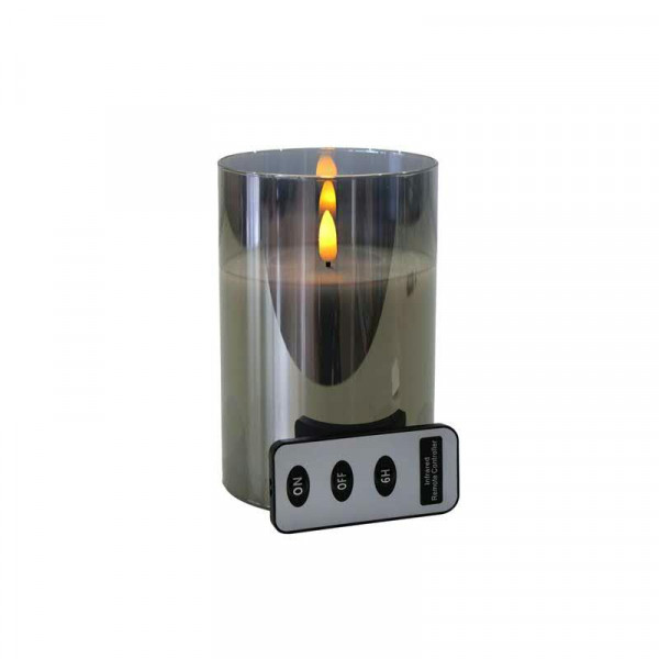 LED Kerze im Glas D10H15cm Timer + Fernbedienung Batterie Aktion, grau