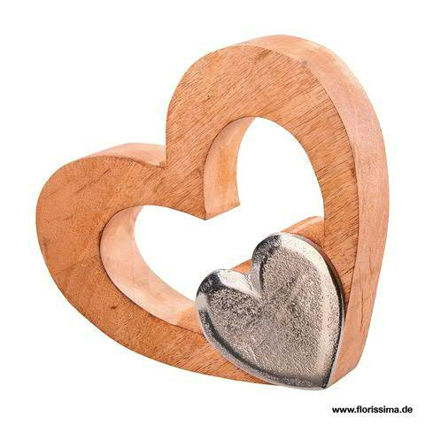 Herz Holz/Alu x2 16,5x18x4cm, natur/silb