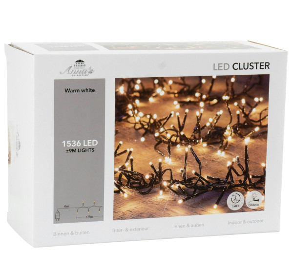 Clusterlights 1536LED 9m outdoor Kabel schwarz Timer+Dimmer, warm weiß
